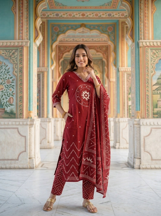Maroon Ethnic Printed Embroidered Cotton Straight Kurta Set with Palazzo and Dupatta