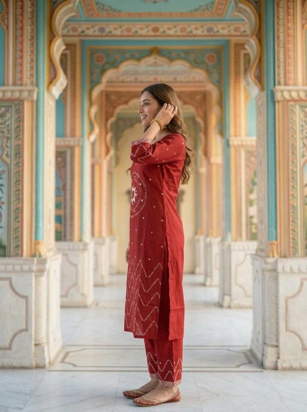 Maroon Ethnic Printed Embroidered Cotton Straight Kurta Set with Palazzo and Dupatta