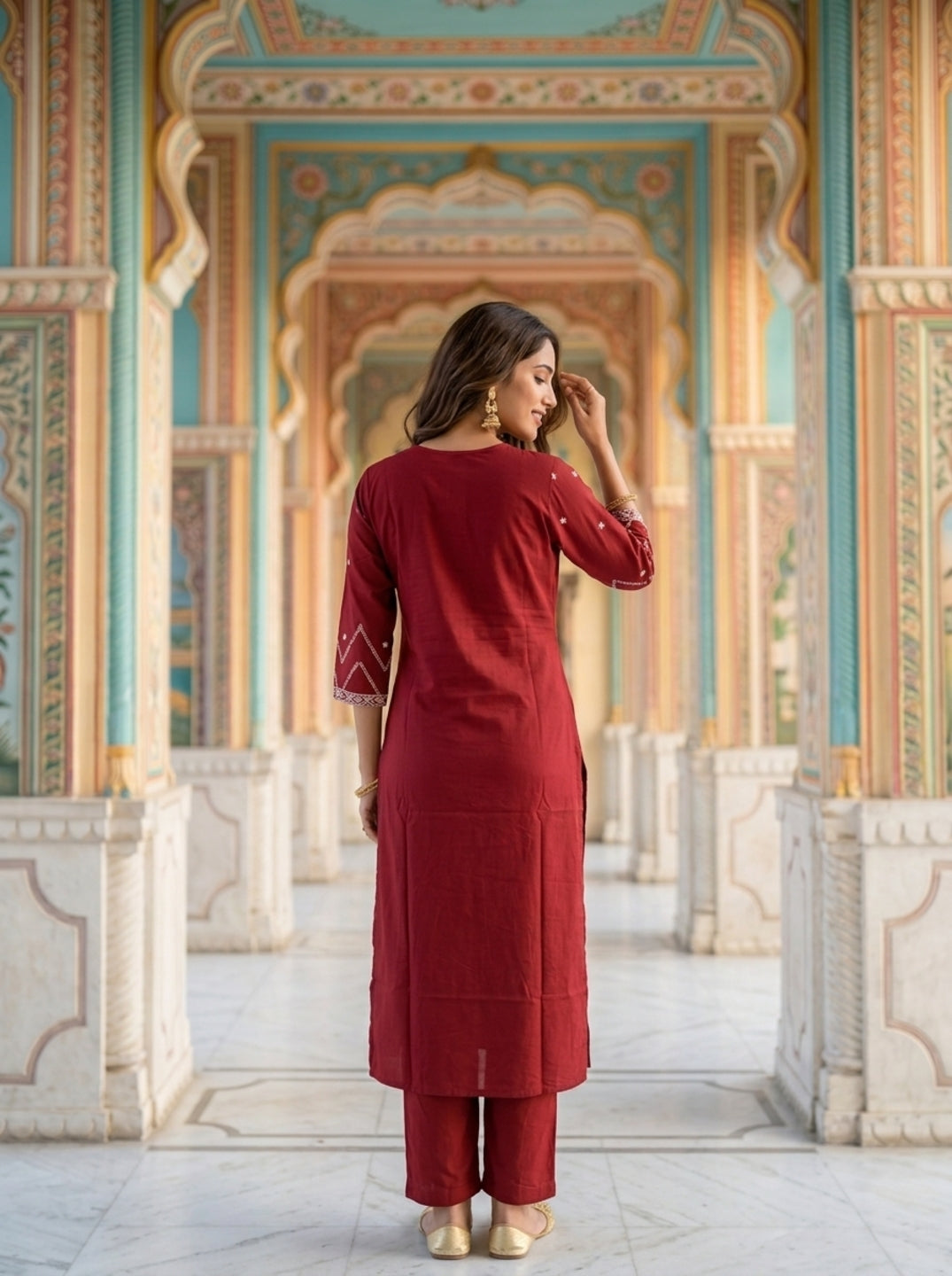 Maroon Ethnic Printed Embroidered Cotton Straight Kurta Set with Palazzo and Dupatta