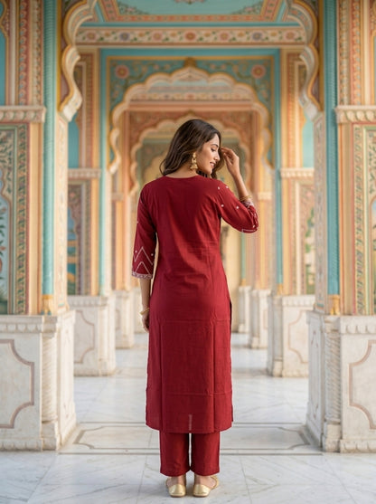 Maroon Ethnic Printed Embroidered Cotton Straight Kurta Set with Palazzo and Dupatta