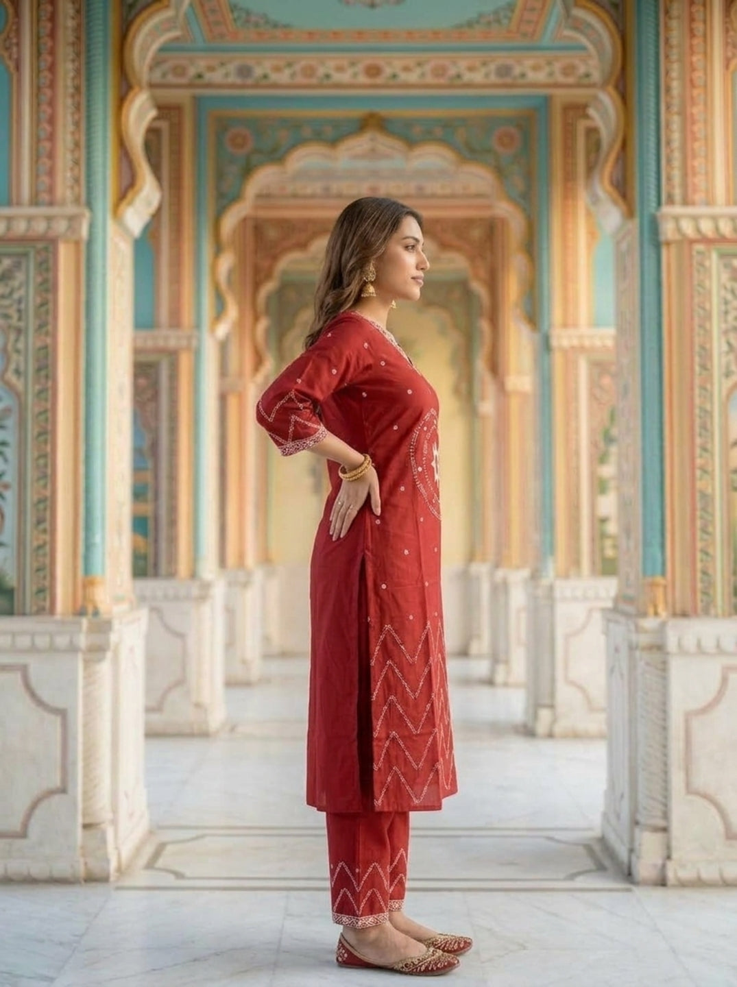 Maroon Ethnic Printed Embroidered Cotton Straight Kurta Set with Palazzo and Dupatta