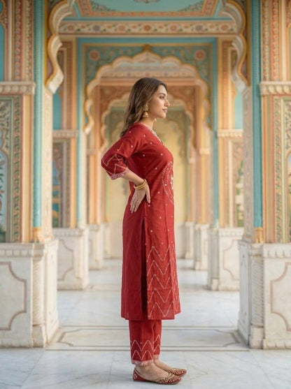 Maroon Ethnic Printed Embroidered Cotton Straight Kurta Set with Palazzo and Dupatta