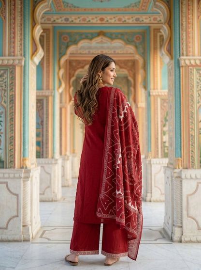 Maroon Ethnic Printed Embroidered Cotton Straight Kurta Set with Palazzo and Dupatta
