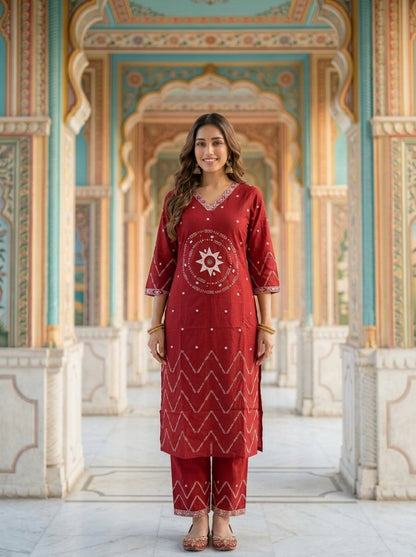 Maroon Ethnic Printed Embroidered Cotton Straight Kurta Set with Palazzo and Dupatta