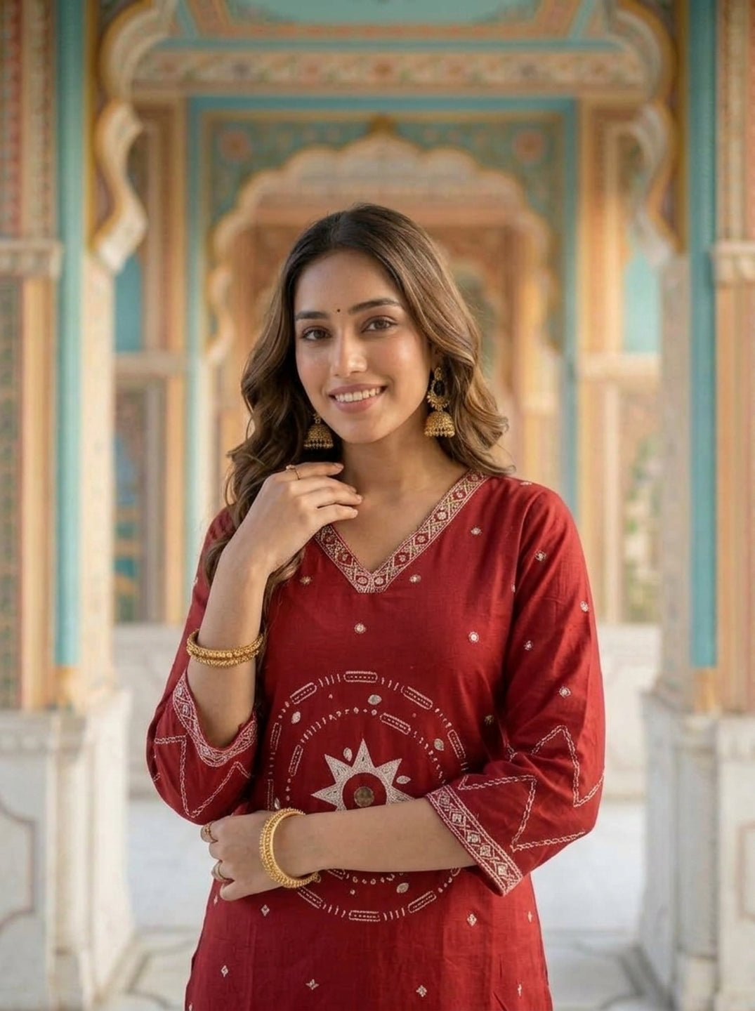 Maroon Ethnic Printed Embroidered Cotton Straight Kurta Set with Palazzo and Dupatta