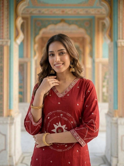 Maroon Ethnic Printed Embroidered Cotton Straight Kurta Set with Palazzo and Dupatta