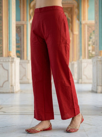 Maroon Ethnic Printed Embroidered Cotton Straight Kurta Set with Palazzo and Dupatta