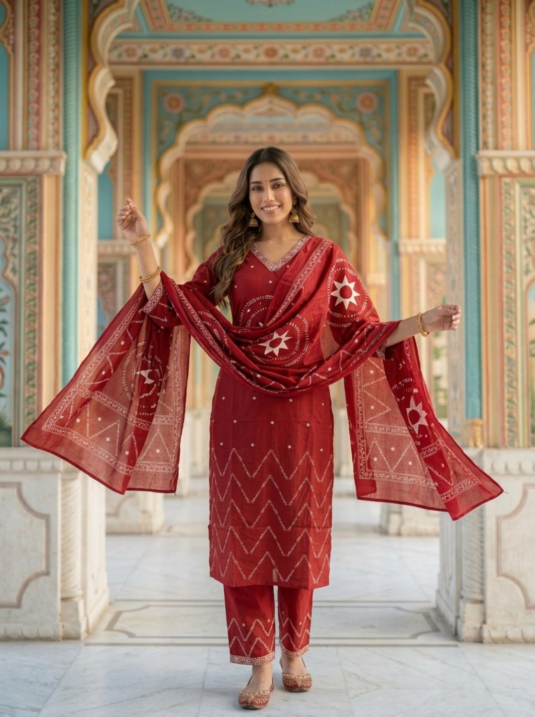 Maroon Ethnic Printed Embroidered Cotton Straight Kurta Set with Palazzo and Dupatta