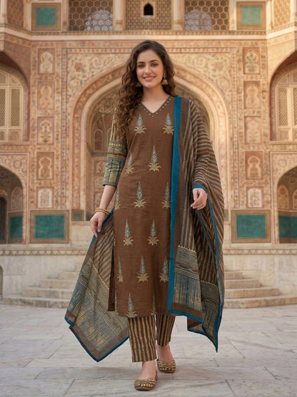 Brown Floral Ethnic Printed Embroidered Cotton Straight Kurta Set with Palazzo and Dupatta