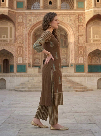 Brown Floral Ethnic Printed Embroidered Cotton Straight Kurta Set with Palazzo and Dupatta