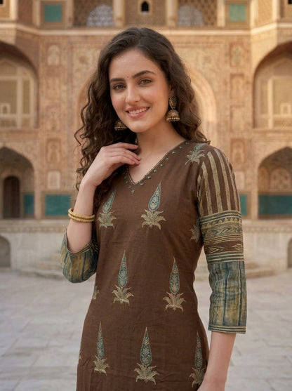 Brown Floral Ethnic Printed Embroidered Cotton Straight Kurta Set with Palazzo and Dupatta