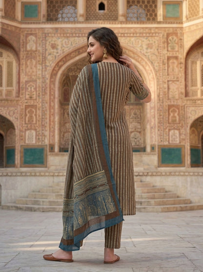 Brown Floral Ethnic Printed Embroidered Cotton Straight Kurta Set with Palazzo and Dupatta