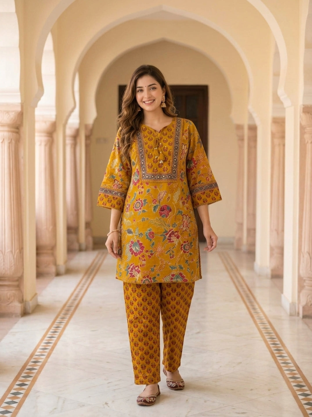 Mustard Yellow Floral Ethnic Printed Embroidered Cotton A-Line Kurta Set with Salwar and Dupatta