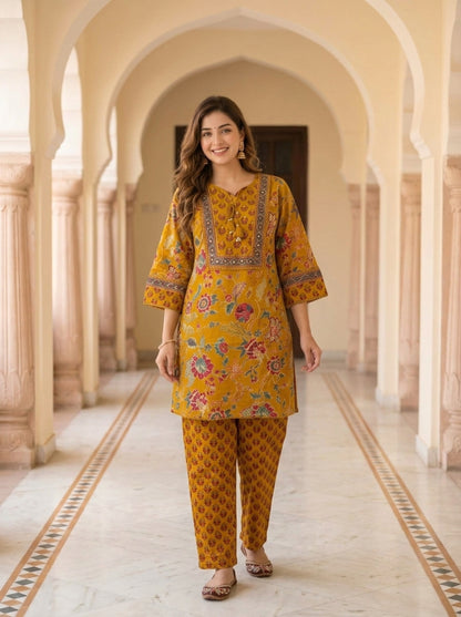 Mustard Yellow Floral Ethnic Printed Embroidered Cotton A-Line Kurta Set with Salwar and Dupatta