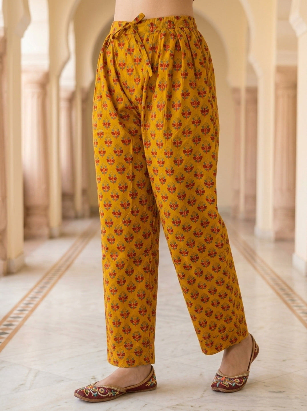 Mustard Yellow Floral Ethnic Printed Embroidered Cotton A-Line Kurta Set with Salwar and Dupatta
