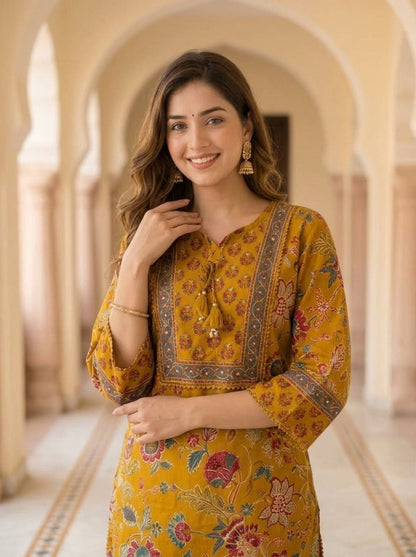 Mustard Yellow Floral Ethnic Printed Embroidered Cotton A-Line Kurta Set with Salwar and Dupatta