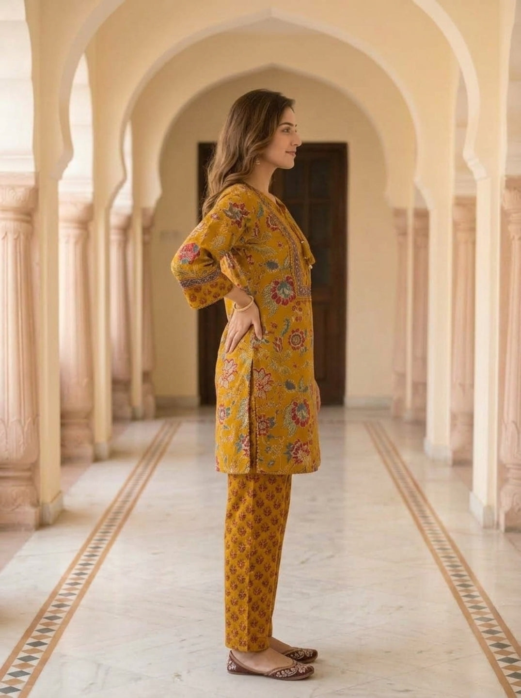 Mustard Yellow Floral Ethnic Printed Embroidered Cotton A-Line Kurta Set with Salwar and Dupatta