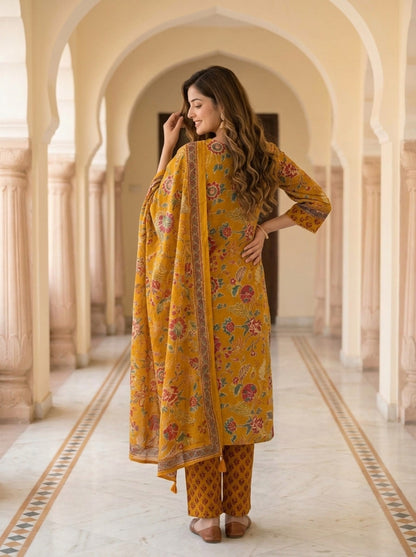 Mustard Yellow Floral Ethnic Printed Embroidered Cotton A-Line Kurta Set with Salwar and Dupatta