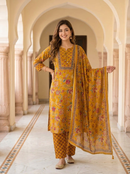 Mustard Yellow Floral Ethnic Printed Embroidered Cotton A-Line Kurta Set with Salwar and Dupatta