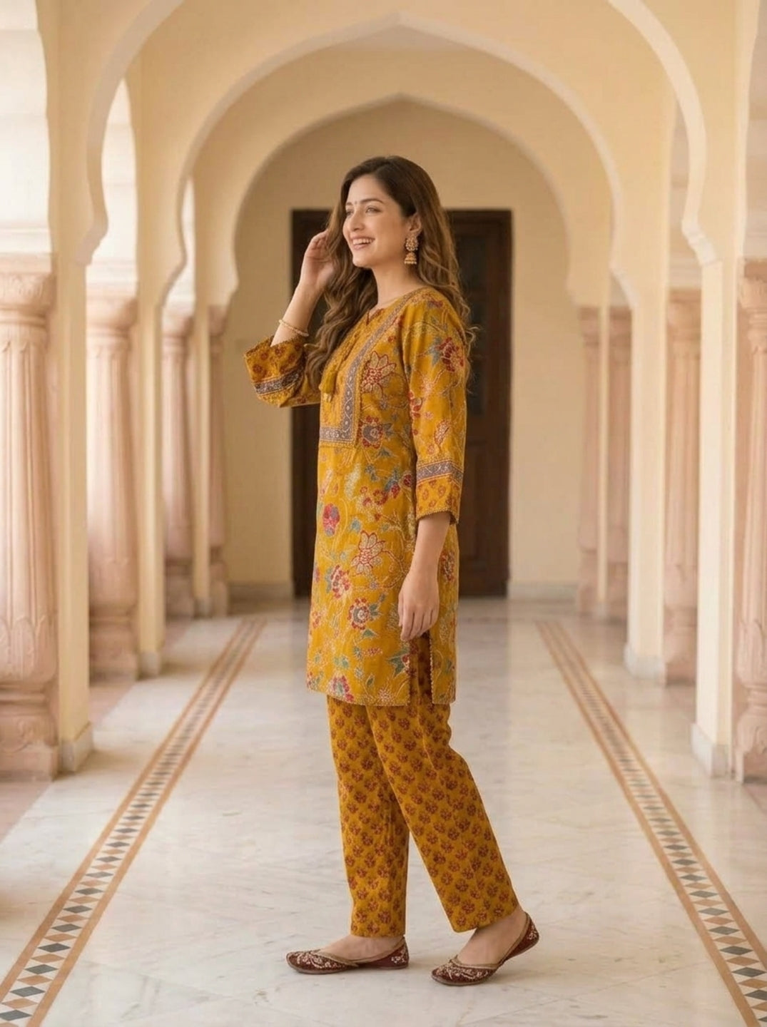Mustard Yellow Floral Ethnic Printed Embroidered Cotton A-Line Kurta Set with Salwar and Dupatta