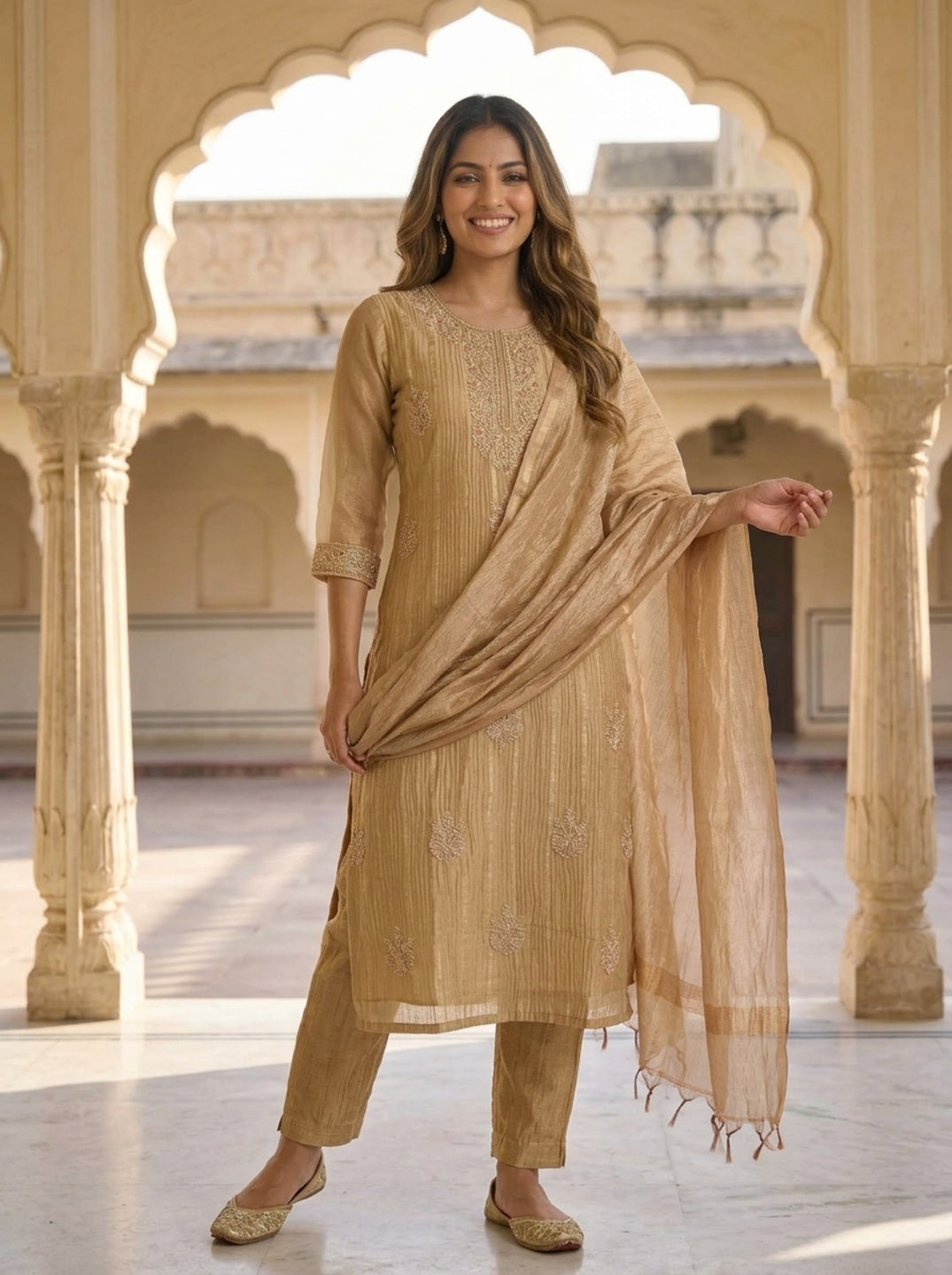 Gold Solid Floral Dori Sequin Embroidered Tissue A-Line Kurta Set with Palazzo and Dupatta