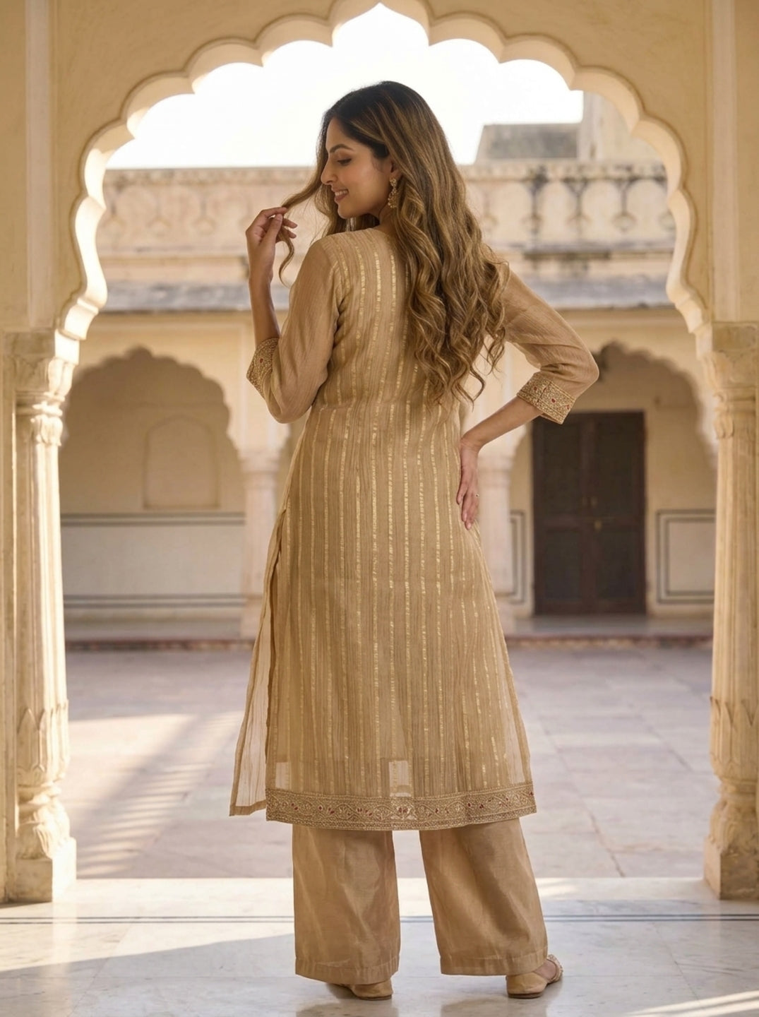Gold Solid Floral Dori Sequin Embroidered Tissue A-Line Kurta Set with Palazzo and Dupatta