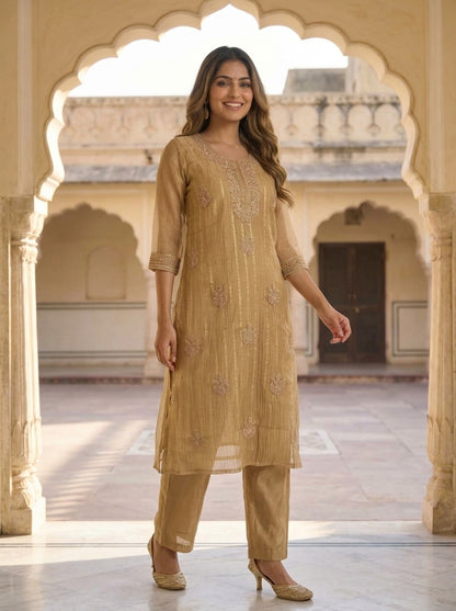 Gold Solid Floral Dori Sequin Embroidered Tissue A-Line Kurta Set with Palazzo and Dupatta
