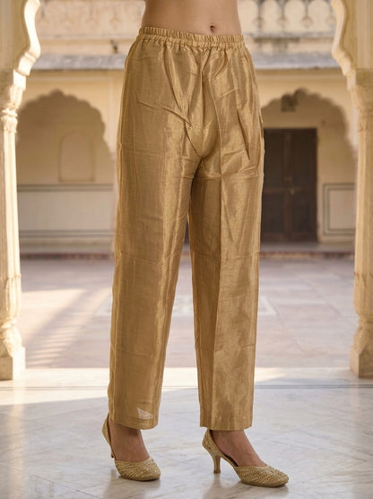 Gold Solid Floral Dori Sequin Embroidered Tissue A-Line Kurta Set with Palazzo and Dupatta