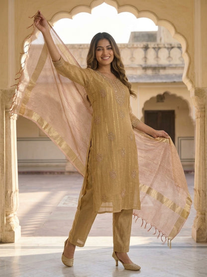 Gold Solid Floral Dori Sequin Embroidered Tissue A-Line Kurta Set with Palazzo and Dupatta