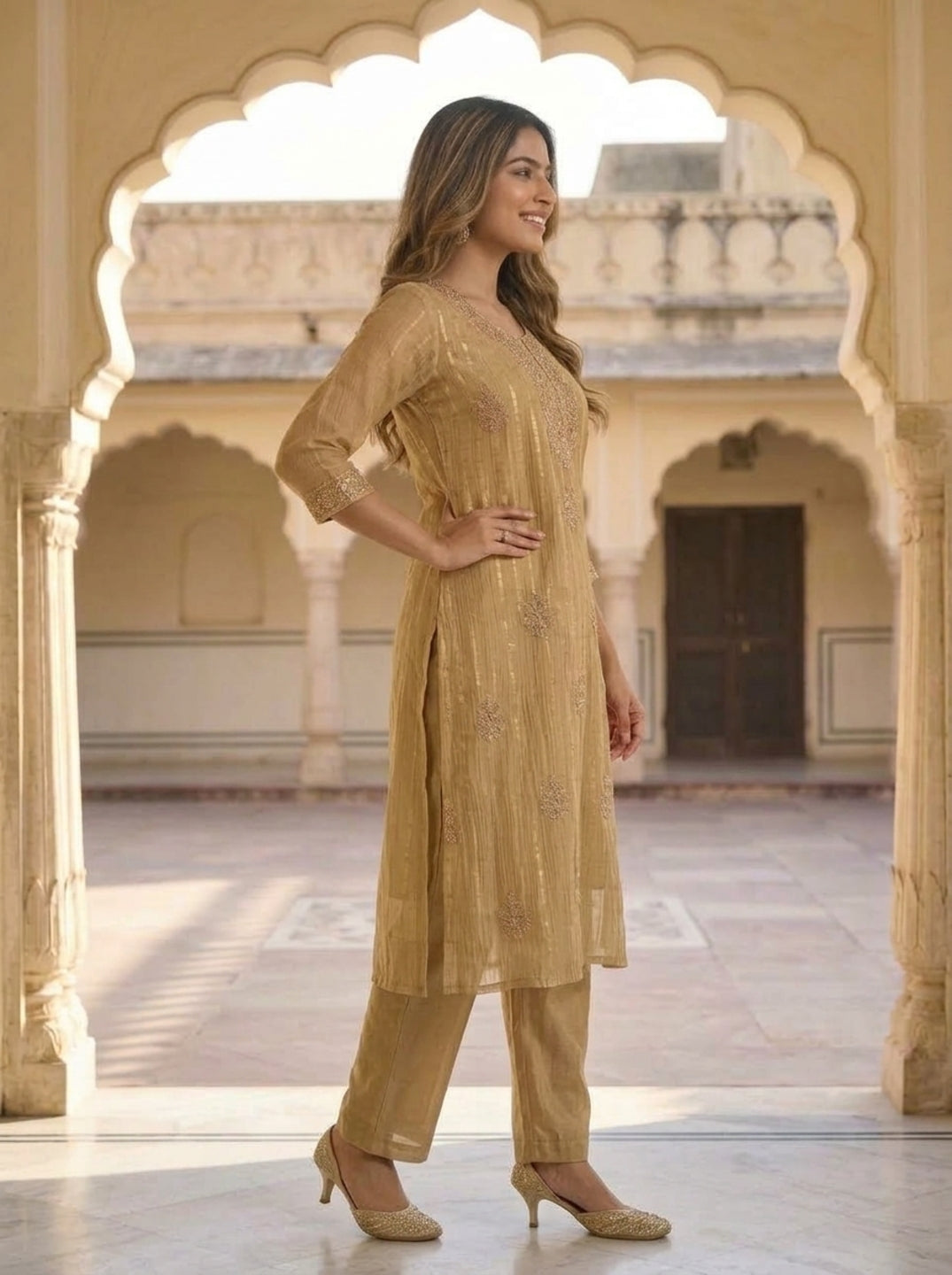 Gold Solid Floral Dori Sequin Embroidered Tissue A-Line Kurta Set with Palazzo and Dupatta