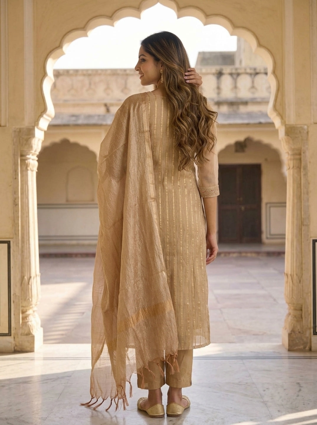 Gold Solid Floral Dori Sequin Embroidered Tissue A-Line Kurta Set with Palazzo and Dupatta
