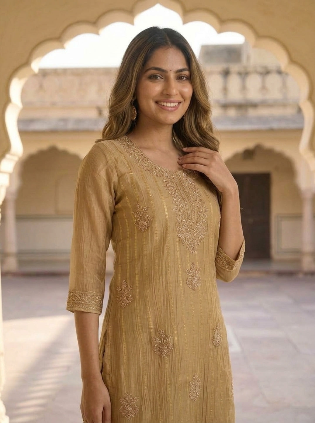 Gold Solid Floral Dori Sequin Embroidered Tissue A-Line Kurta Set with Palazzo and Dupatta