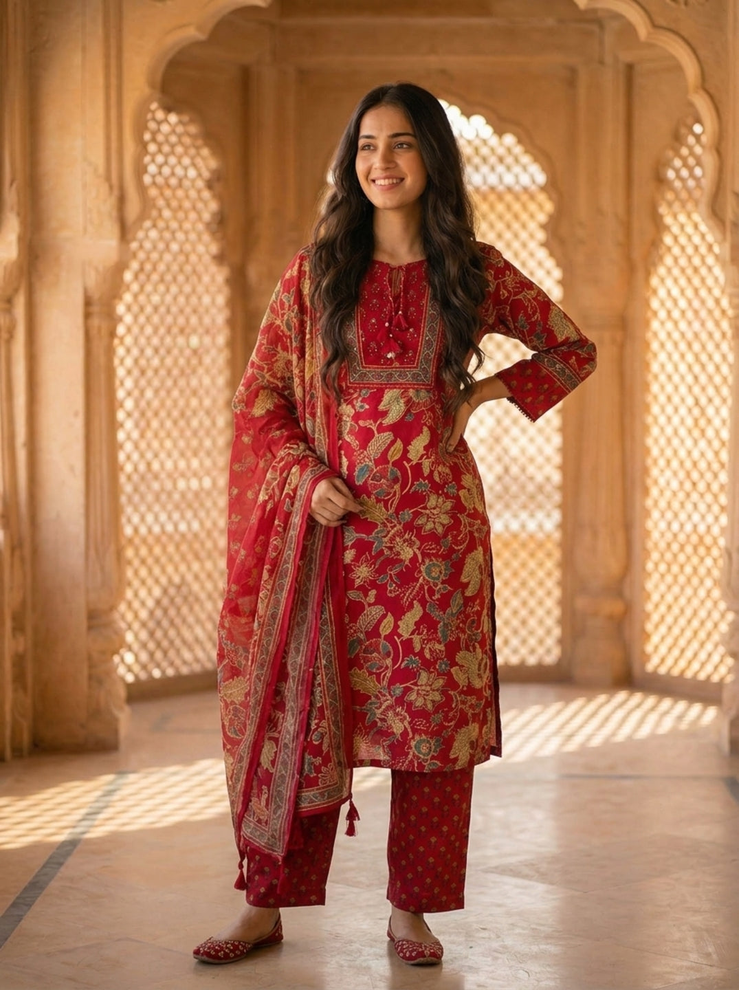 Pink Floral Ethnic Printed Embroidered Lace Work Cotton A-Line Kurta Set with Salwar and Dupatta