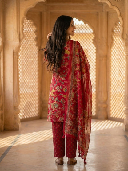 Pink Floral Ethnic Printed Embroidered Lace Work Cotton A-Line Kurta Set with Salwar and Dupatta