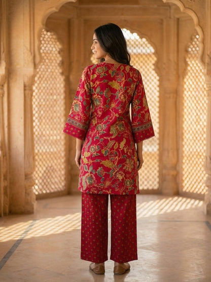 Pink Floral Ethnic Printed Embroidered Lace Work Cotton A-Line Kurta Set with Salwar and Dupatta