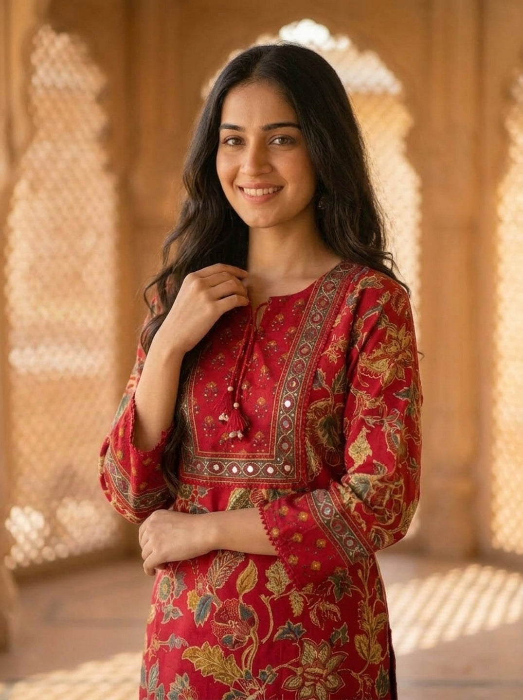Pink Floral Ethnic Printed Embroidered Lace Work Cotton A-Line Kurta Set with Salwar and Dupatta