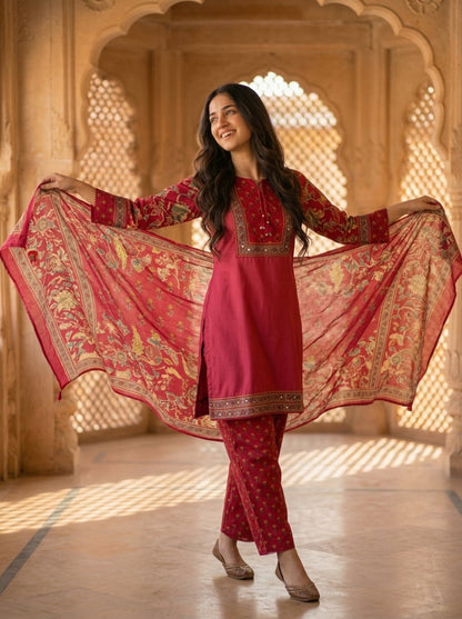 Pink Floral Ethnic Printed Embroidered Lace Work Cotton A-Line Kurta Set with Salwar and Dupatta