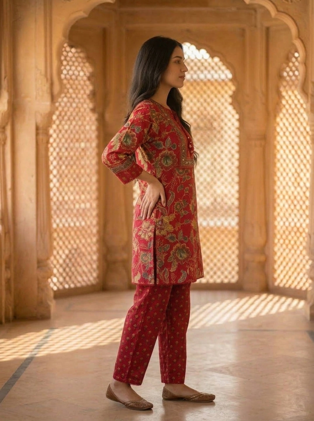 Pink Floral Ethnic Printed Embroidered Lace Work Cotton A-Line Kurta Set with Salwar and Dupatta