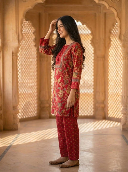 Pink Floral Ethnic Printed Embroidered Lace Work Cotton A-Line Kurta Set with Salwar and Dupatta