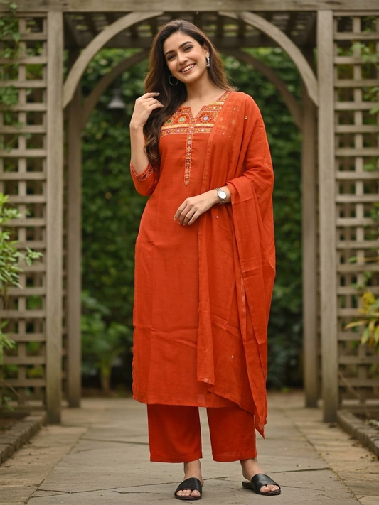 Rust Solid Sequin Embroidered Muslin Silk Straight Kurta Set with Palazzo and Dupatta