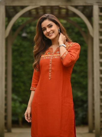 Rust Solid Sequin Embroidered Muslin Silk Straight Kurta Set with Palazzo and Dupatta