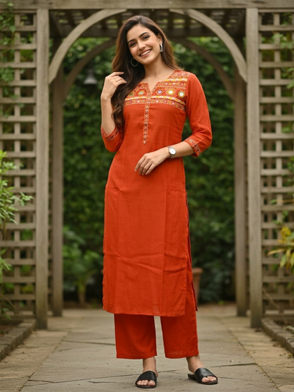 Rust Solid Sequin Embroidered Muslin Silk Straight Kurta Set with Palazzo and Dupatta