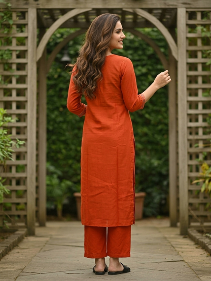 Rust Solid Sequin Embroidered Muslin Silk Straight Kurta Set with Palazzo and Dupatta