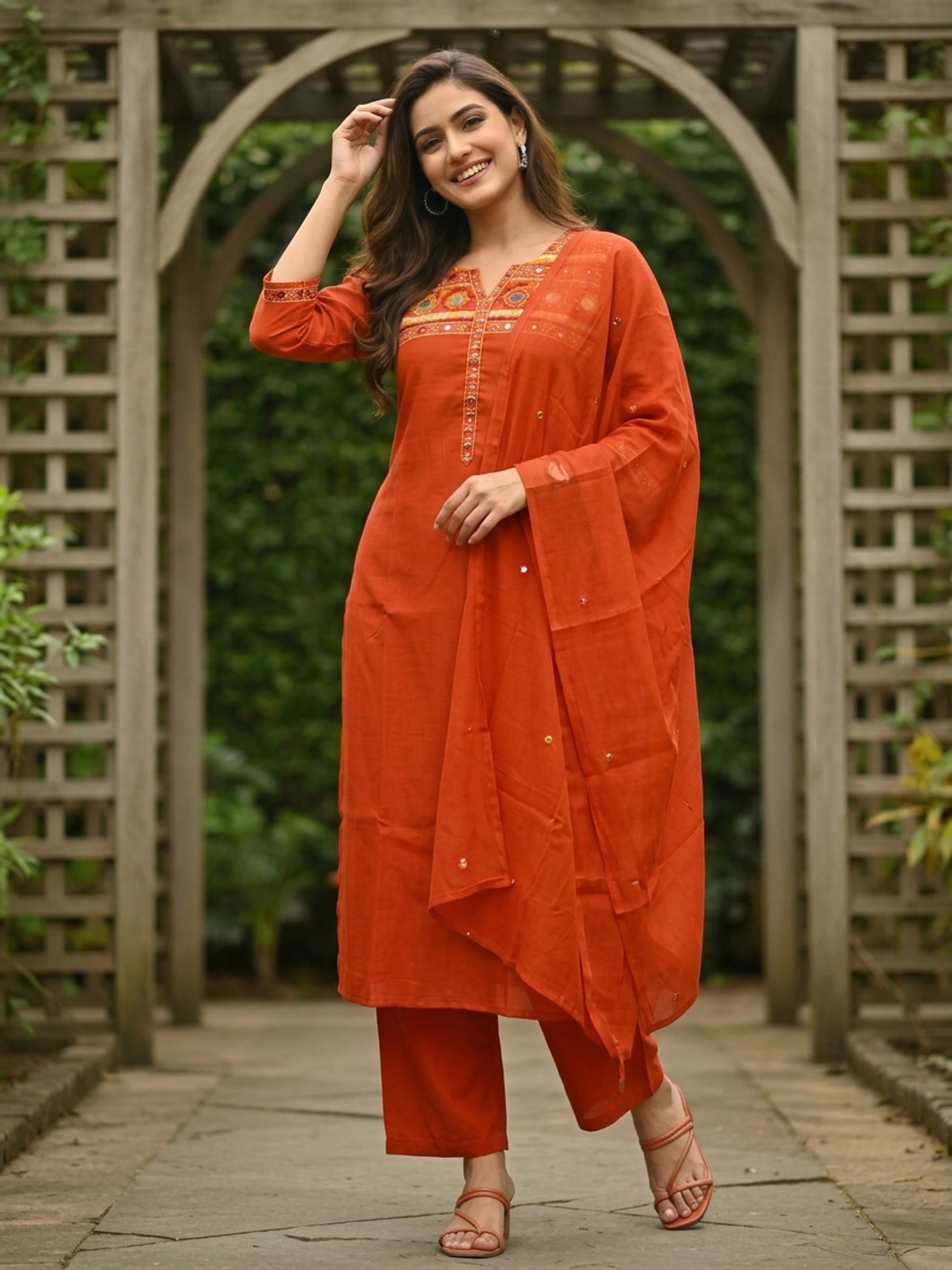 Rust Solid Sequin Embroidered Muslin Silk Straight Kurta Set with Palazzo and Dupatta