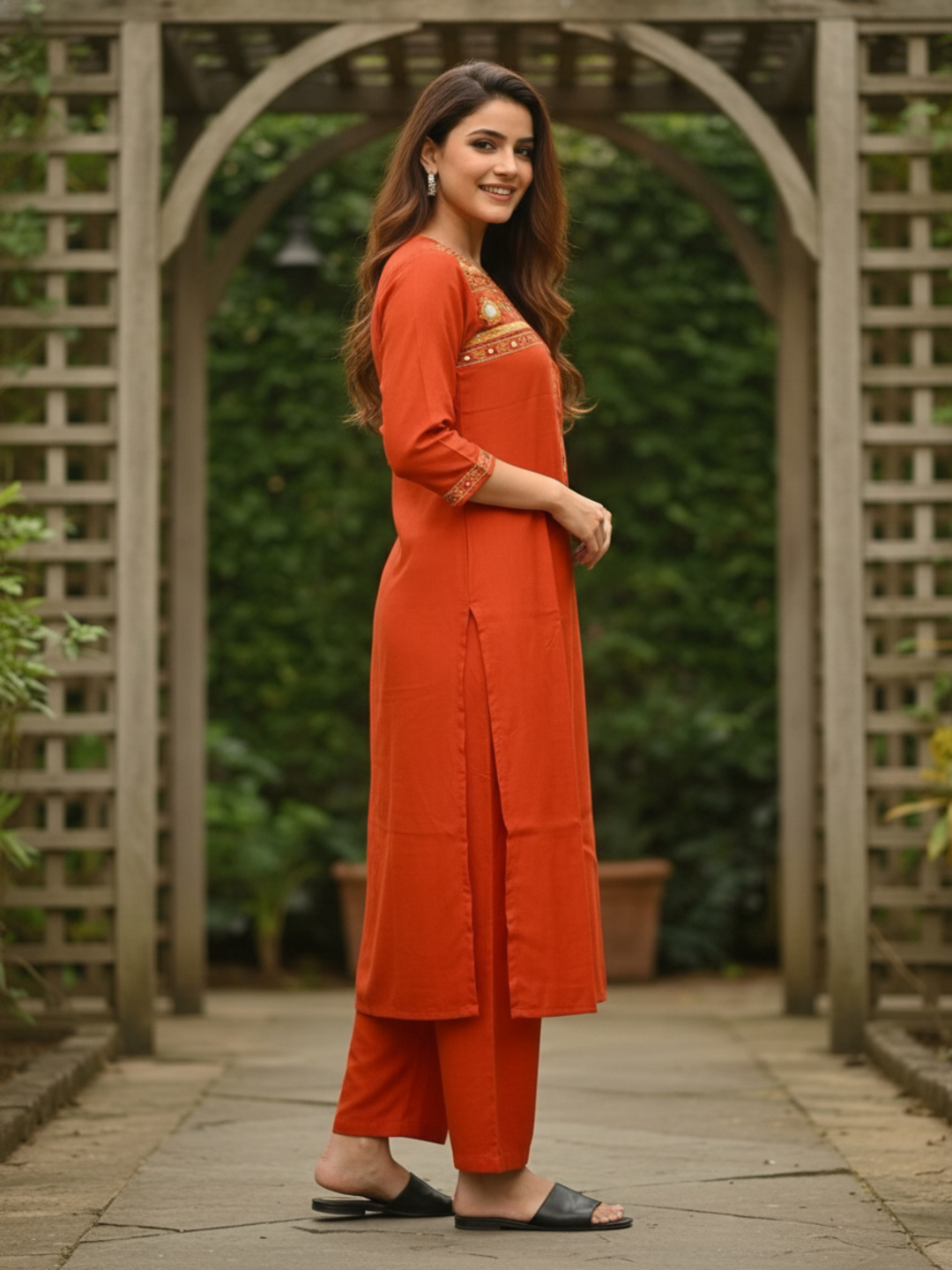Rust Solid Sequin Embroidered Muslin Silk Straight Kurta Set with Palazzo and Dupatta