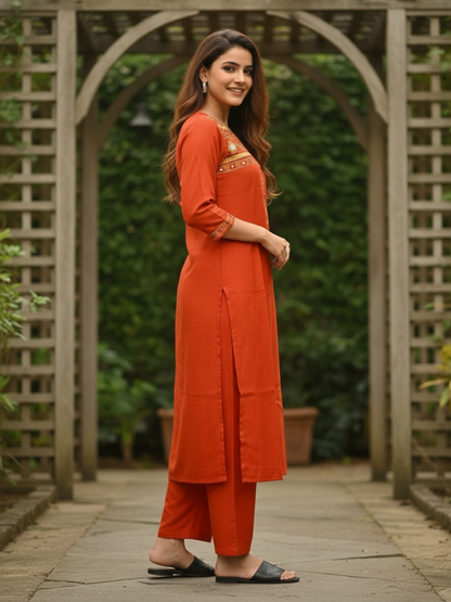 Rust Solid Sequin Embroidered Muslin Silk Straight Kurta Set with Palazzo and Dupatta