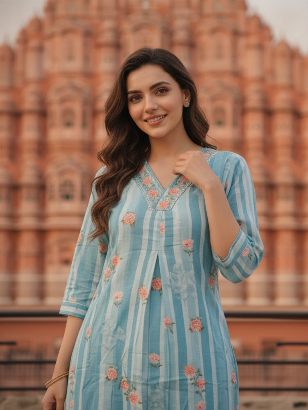 Blue Floral and Stripes Printed Embroidered Cotton A-Line Co-ord Set with Palazzo