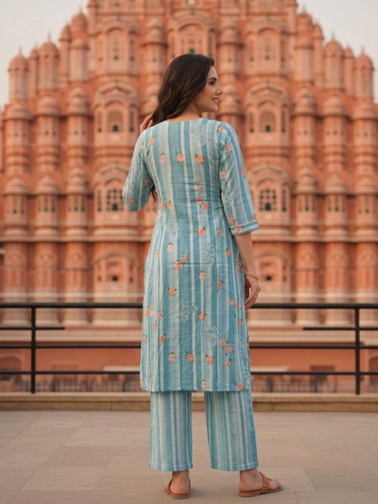 Blue Floral and Stripes Printed Embroidered Cotton A-Line Co-ord Set with Palazzo