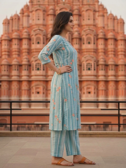 Blue Floral and Stripes Printed Embroidered Cotton A-Line Co-ord Set with Palazzo