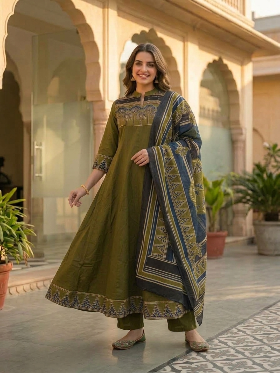 Lime Green Ethnic Printed Embroidered Cotton Anarkali Kurta Set with Pant and Printed Dupatta